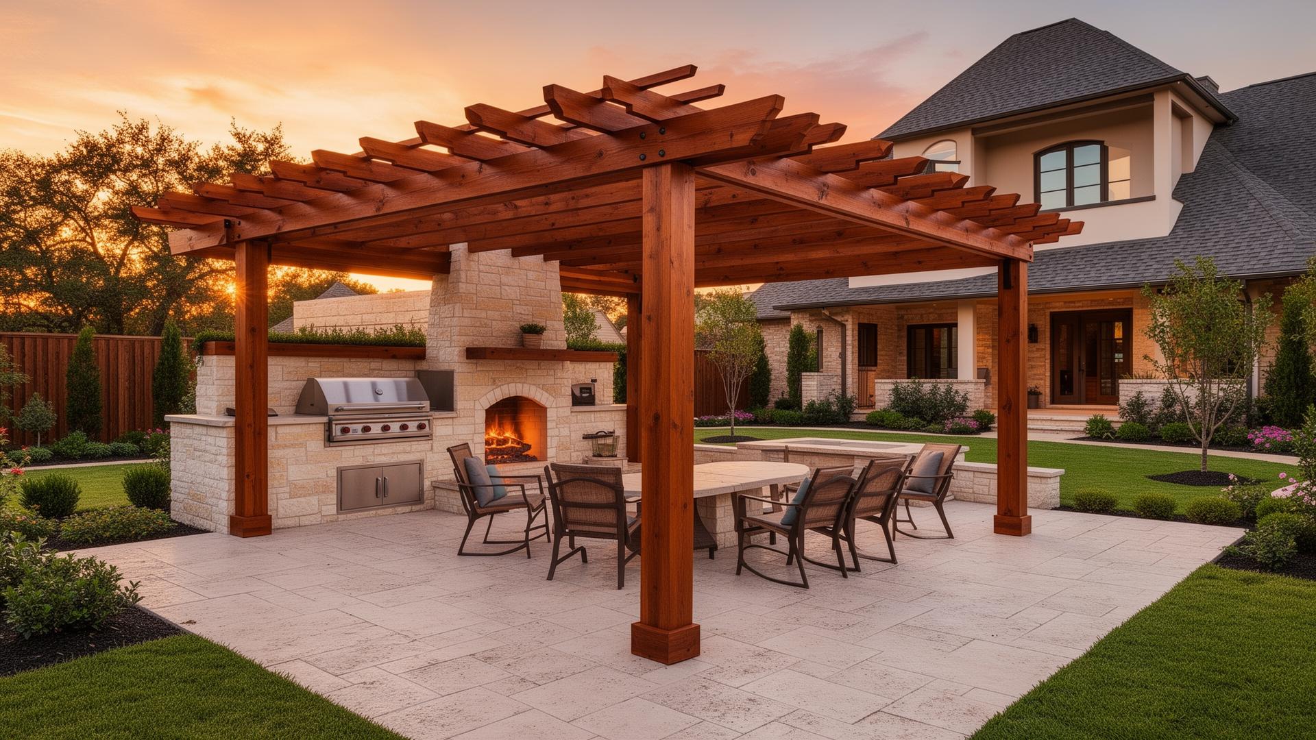 Custom cedar pergola, outdoor kitchen and stamped concrete patio built by Yearby Construction Group in North Texas